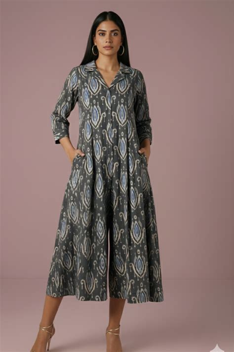 Collar Front Open Jumpsuit With Pockets In Grey Bali Ikat by Maati ...