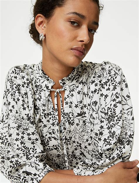 Buy Printed Frill Neck Tie Front Popover Blouse at Marks & Spencer