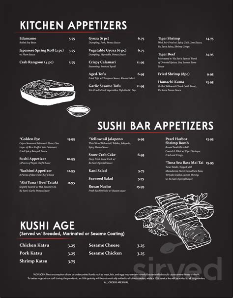Ru San's menu in Atlanta, Georgia, USA