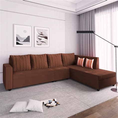FURNY Styliaa 6 Seater Fabric RHS Sectional L Shape Sofa Set (Brown ...