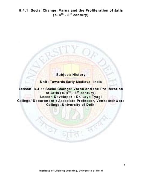 8.4.1 Social Change Varna and the Proliferation of Jatis - ( c. 4 t h - 8 t h ce nt ur y) 1 Subj ...