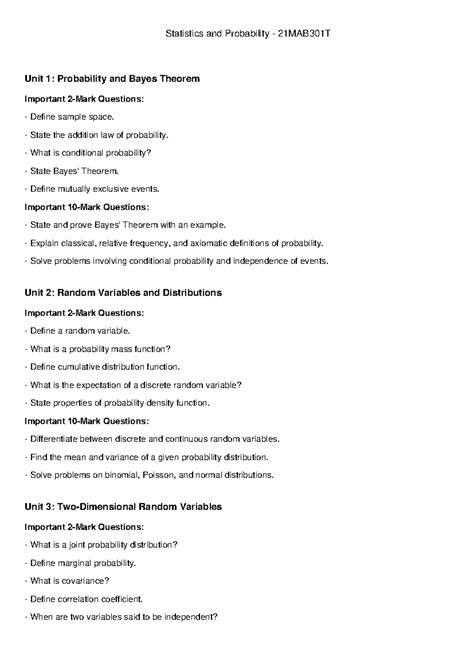Statistics & Probability Revision 21MAB301T: Key Concepts & Questions ...
