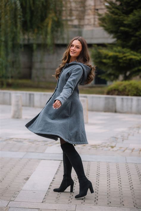 Winter Outwear • Winter Wool Coat • Grey Hooded Midi Winter Coat • Plus ...