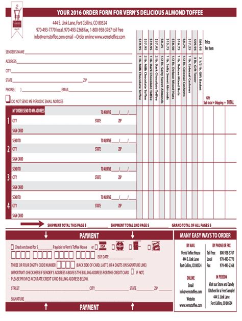 Fillable Online Check enclosed for $ Payable to Verns Toffee House Fax ...