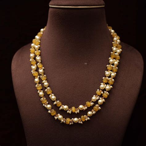 Traditional Two Layers Yellow Beads and Pearls Chain - South India Jewels