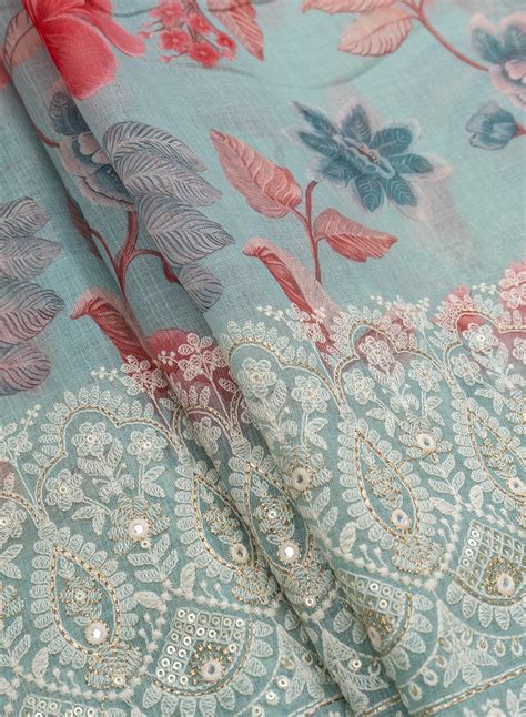 Linen Sky Blue Color Floral Digital Print Daman embroidery fabric ...