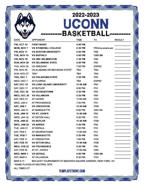 Uconn Basketball Printable Schedule - King Printables