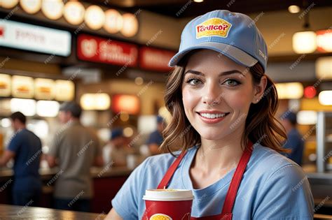 Young girl fast food worker smiling and cheerful friendly service | Premium AI-generated image