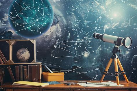 Astronomy corner on office shelves with telescope and star charts ...