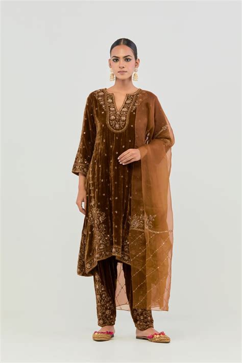 Buy - Ambika russet A-line short panel kurta set | Elan Store