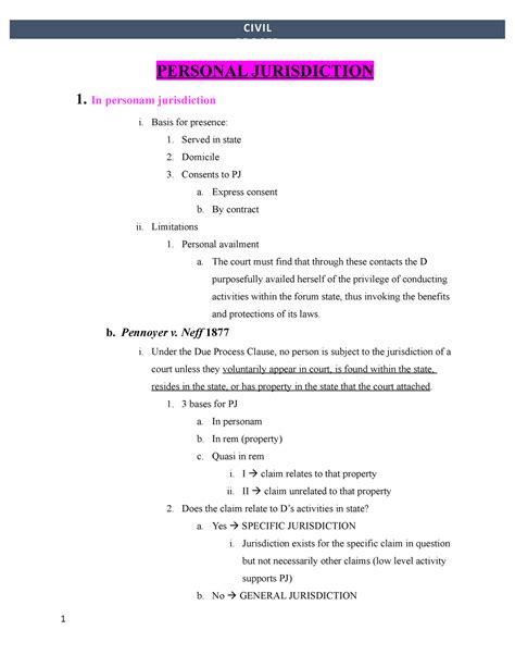 Civ Pro Outline - PERSONAL JURISDICTION 1. In personam jurisdiction i ...
