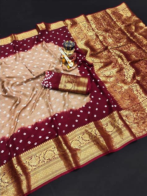 Beige Bandhani Saree with Zari Border - Style array