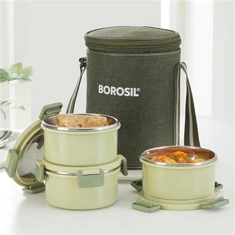 Borosil Glory Green Stainless Steel Lunch Box 3 pcs Container Set 280m ...
