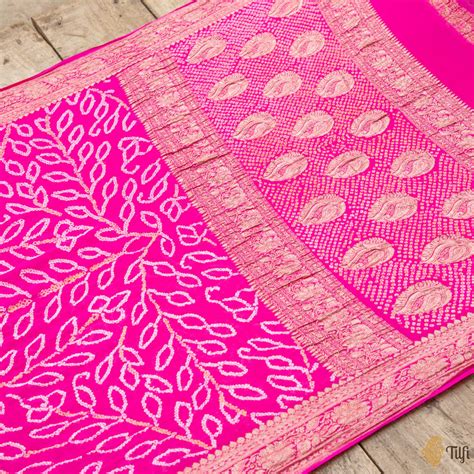 Fuchsia Pink Pure Georgette Banarasi Bandhani Handloom Saree - Tilfi
