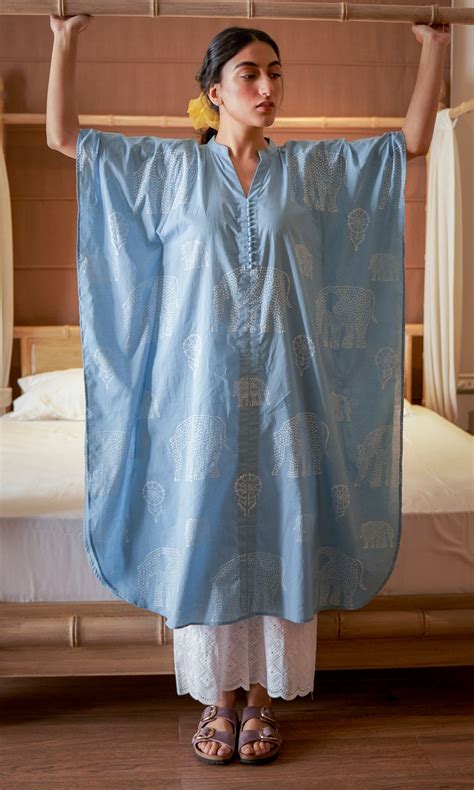DAISY 2 ELEPHANT POWDER BLUE PRINT KAFTAN WITH SCHIFFLI PALAZZO - SET
