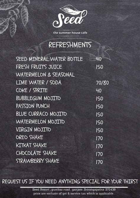 Menu at Seed Cafe, Srirangapatna