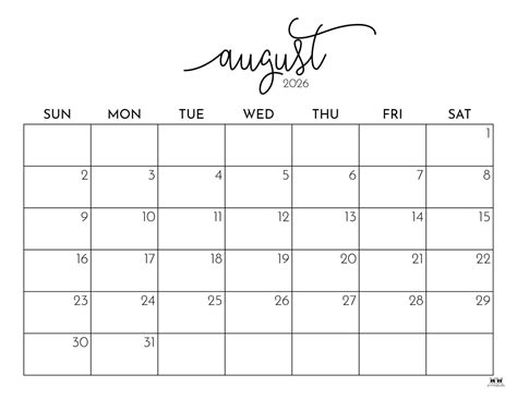 August 2026 Calendars - 150 FREE Printables | Printabulls