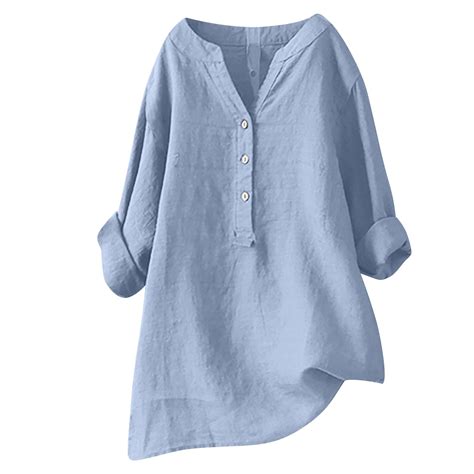 HAiming Cotton Linen Shirts for Women 2025 Button V Neck Long Sleeve ...