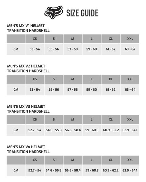 Fox Helmet Size Chart - Educational Chart Resources