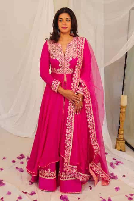 Buy Fuchsia Georgette, Chanderi, Net Embroidery, Front Slit Anarkali ...