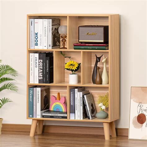 LEYAOYAO Wooden 7 Cube Book Shelf, Natural 3 Tier Bookshelf with Legs ...
