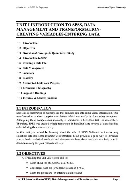 Unit I SPSS - Introduction to SPSS - UNIT I INTRODUCTION TO SPSS, DATA ...
