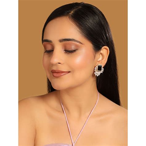 Buy Yinara Black Brass 22K Gold Plated Stones Pair Of Earrings Online
