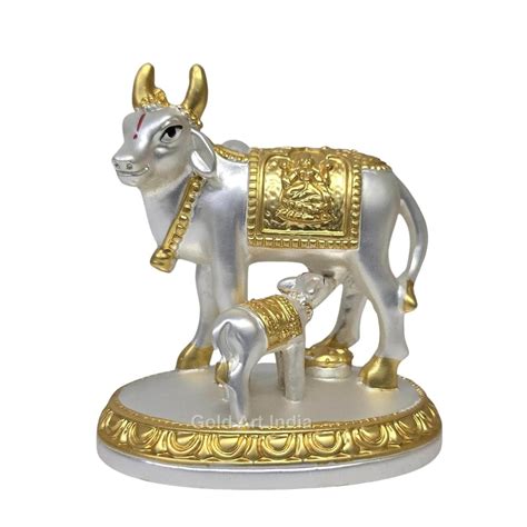 Kamdhenu Cow with Calf Idol – Gold Silver Matte | Gold Art India