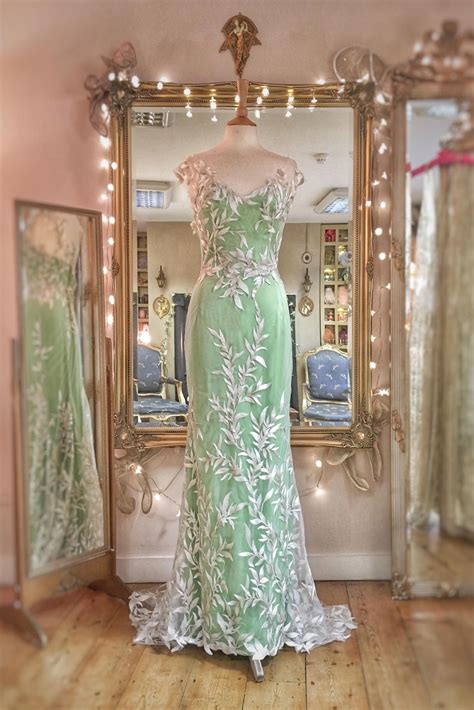 Embroidered Leaves Green Silk Wedding Dress with Silver Details | Silver wedding dress ...