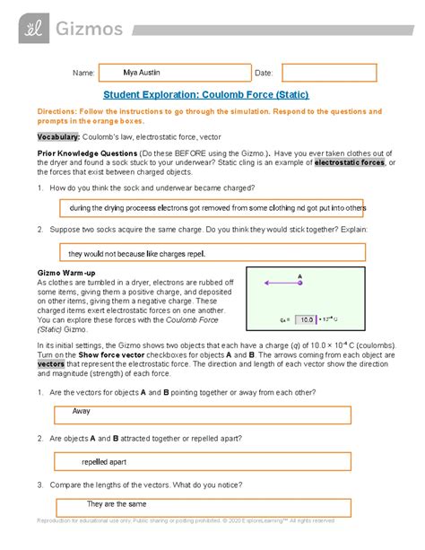 Gizmo - Coulomb's Law Exploration - All Answer Key & Insights - Studocu