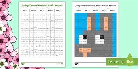 Spring Themed Decimal Maths Mosaic Worksheet