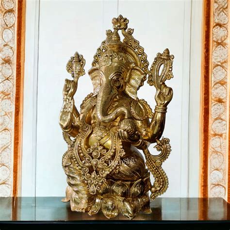 Brass Ganesha Lotus Base Idol Lacquer 21 Inch | Budhshiv.com