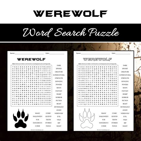 Werewolf Word Search Puzzle Worksheet PDF – PrintableBazaar