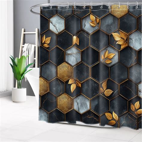 Black Honeycomb Shower Curtain for Bathroom Grey Gold Geometric Marble ...