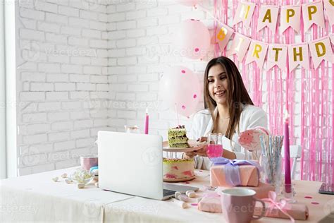 Beautiful woman celebrating birthday using video call chatting with friends 5496573 Stock Photo ...