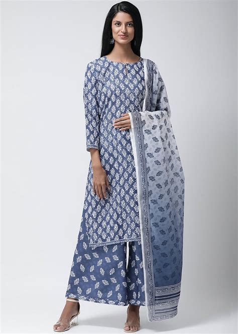 Get Floral Printed Blue Kurta With Printed Palazzo & Double Shaded ...
