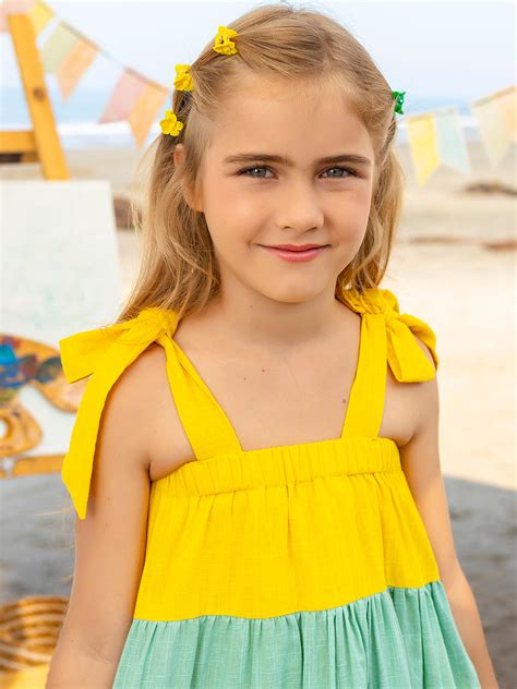 Girls Yellow Colourblocked Layrered Cotton Dress – Jilmil