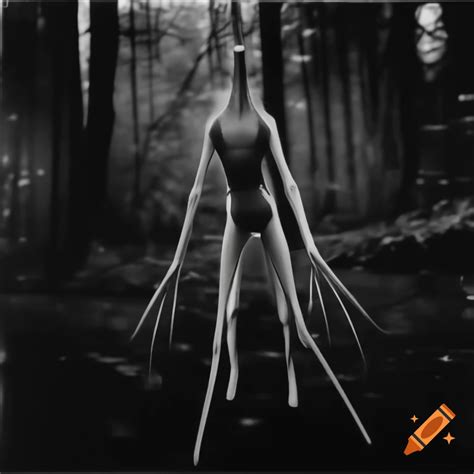 Tall slender figure with elongated limbs crawling in dark forest, 80s ...