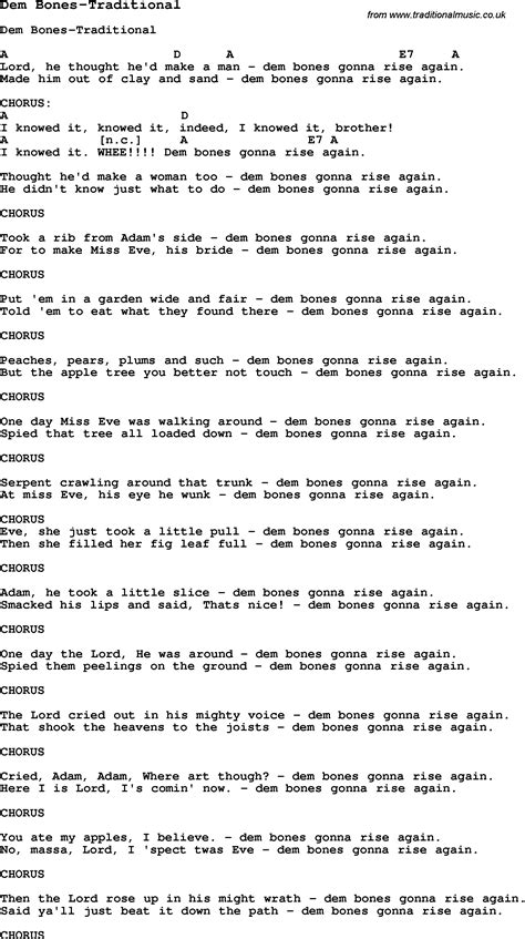 Summer Camp Song, Dem Bones-Traditional, with lyrics and chords for ...