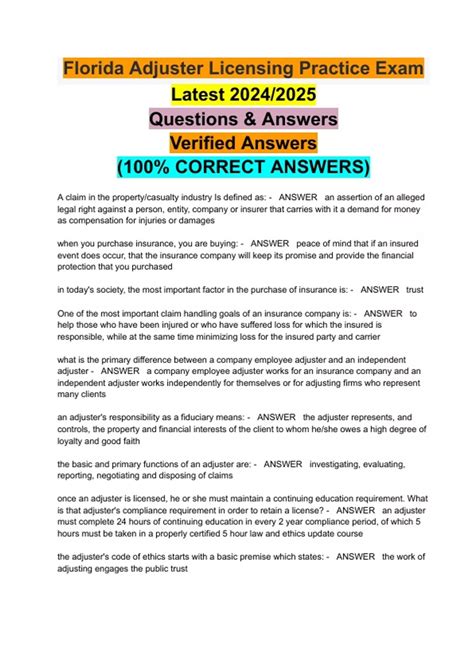 Florida Adjuster Licensing Practice Exam Latest 2024/2025 Questions ...