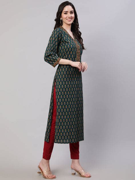 Women Green Ethnic Printed Straight Kurta With Three Quarter Sleeves ...