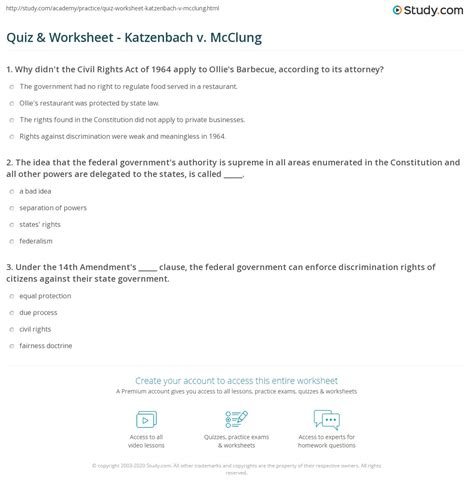 Quiz & Worksheet - Katzenbach v. McClung | Study.com