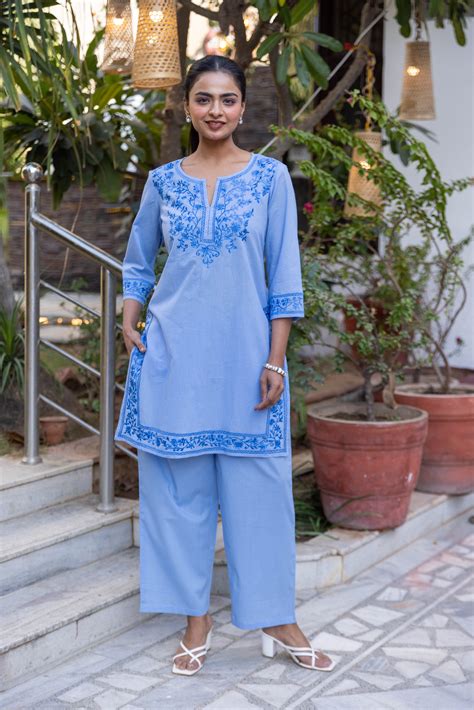 Long Embroidered Kurta With Palazzo - Light Blue – InaayaJaipur