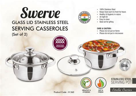 H360 – Swerve: Glass lid Stainless Steel Serving Casseroles | Set of 2 ...