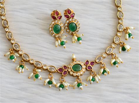 Matte finish kemp-green-white rice pearl necklace set dj-45474 – dreamjwell