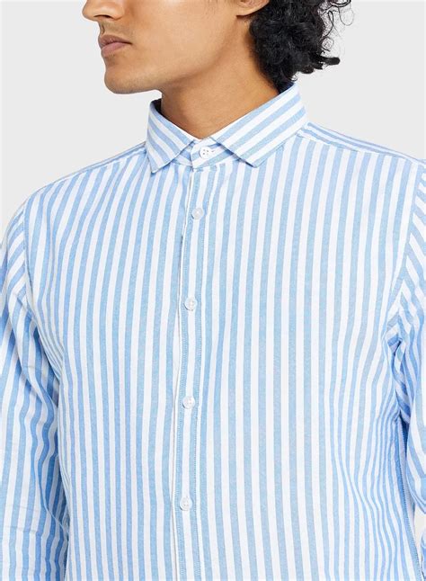 Seventy Five Blue Classic Slim Fit Striped Pure Cotton Casual Shirt for ...