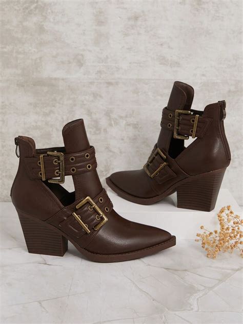 SHUZIA Women's Brown Chunky Buckle Cut-Out Ankle Boots - Snip Toe, Zip ...