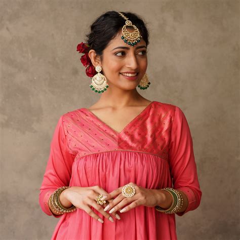 Coral Block Printed Anarkali Kurta with Hand Embroidery Details on Yok ...
