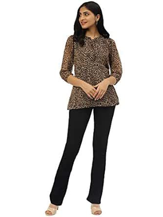 Cottinfab Women Beige & Brown Three Forth sleeves Animal Print A-Line ...
