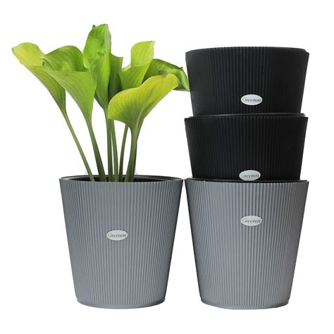 GREENON® 10 Inch Self Watering Plant Pot Set of 4 (8 Pots) | Grey,Black ...